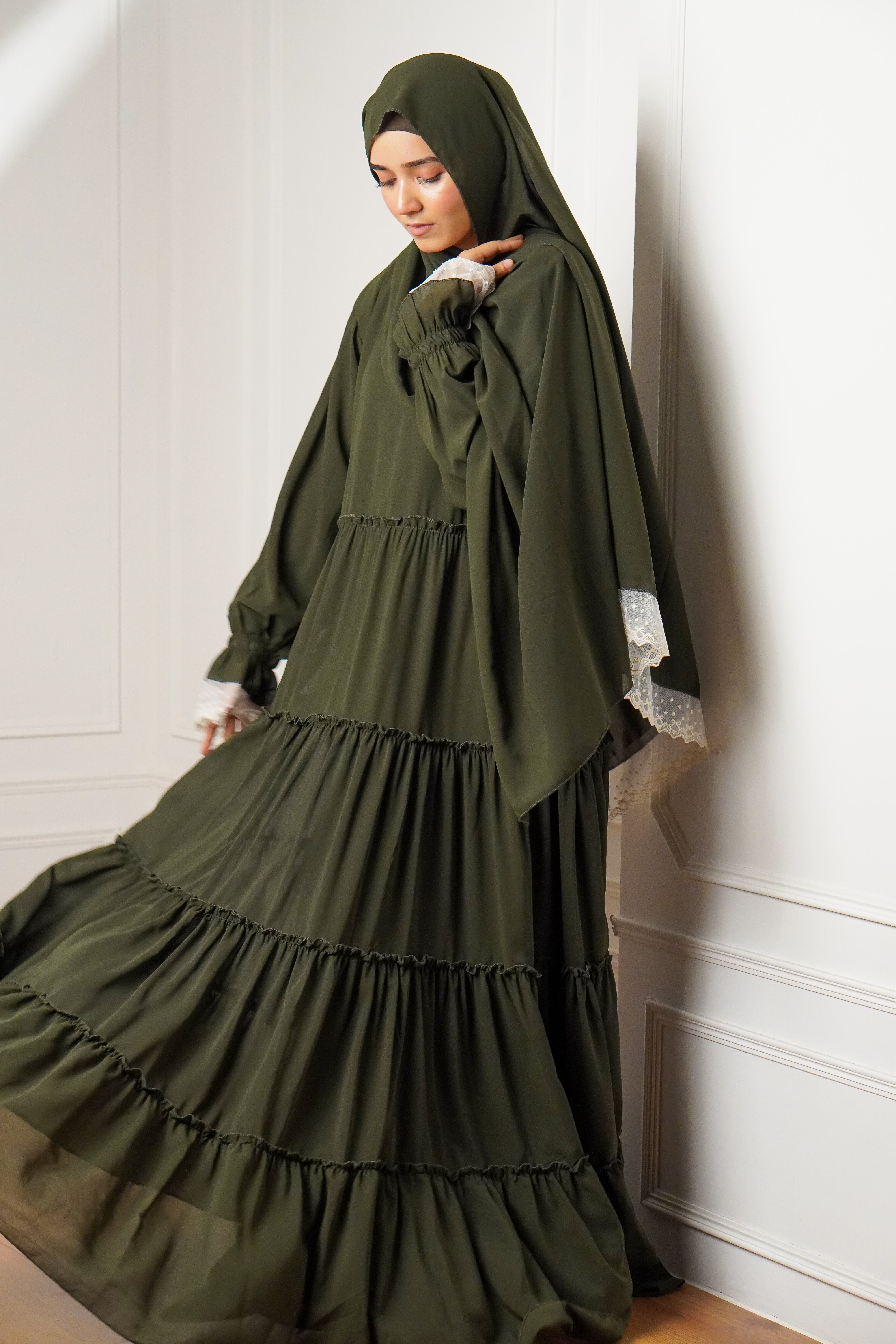 olive green dress with hijab Alyah Satin Maxi Dress